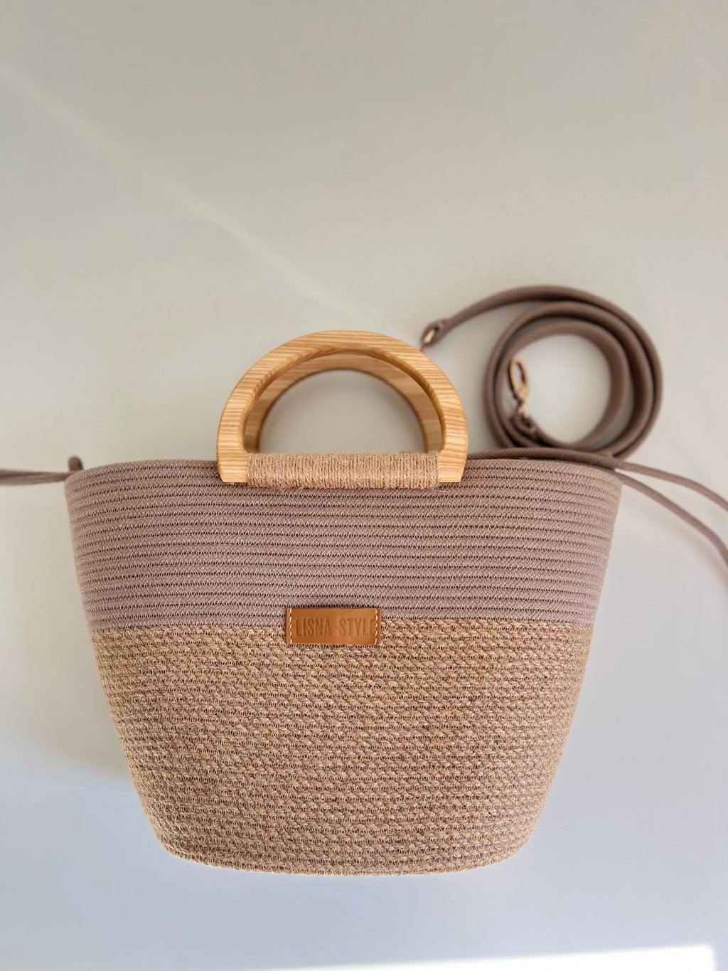 Torba Bawełniana-Jutowa — dwukolorowy splot bawełny i juty, drewniany uchwyt, elegancka torba slow fashion