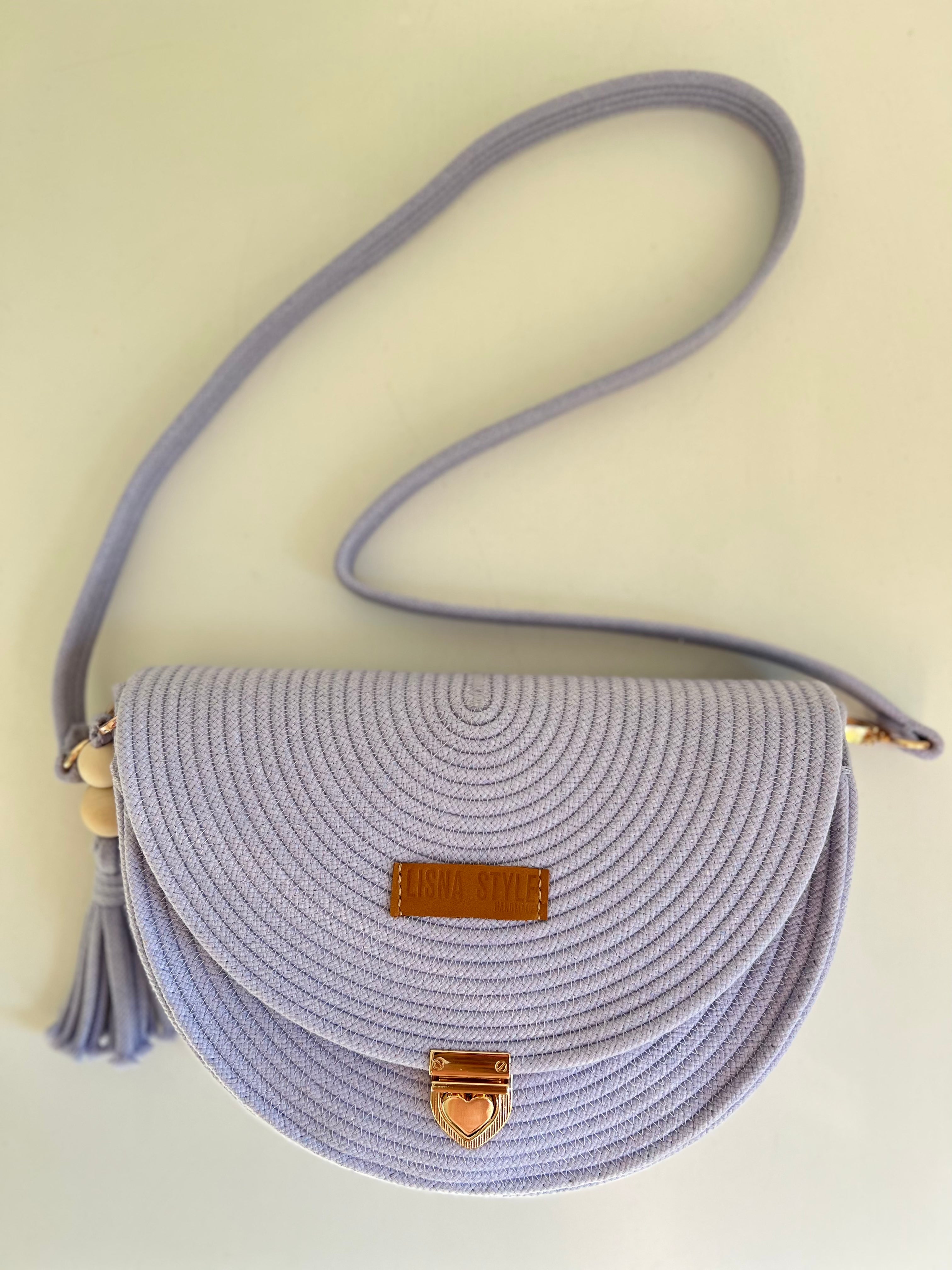 Torba na Ramię Lawendowo-Szara — spiralny splot bawełniany, złoty zamek w kształcie serca, elegancka torebka crossbody